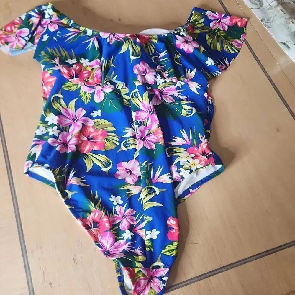 Kona SOL off the shoulder blue  floral one piece swimsuit women's 22 plus